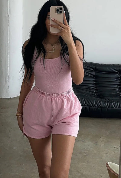 Fashion Solid Color Suspender Sleeveless Shorts Two-piece Set