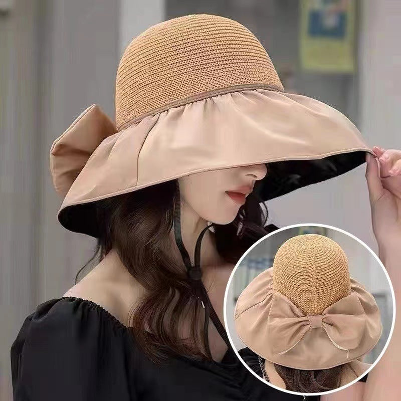 Summer Straw Sunhat With Large Brim And Big Bow Anti-UV Fisherman Hat Outdoor Sunshade And Face Protection Hat