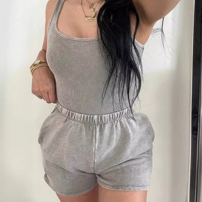 Fashion Solid Color Suspender Sleeveless Shorts Two-piece Set